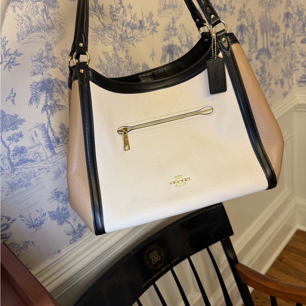 Coach Cream and Tan Pebbled Leather Shoulder Bag with Black Trim
